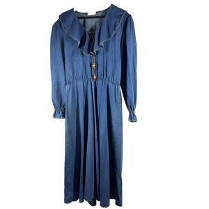 Vtg 80's Denim Maxi Dress 10 Nina Piccalino y2k Prairie Western Ruffle Tie Boho‎